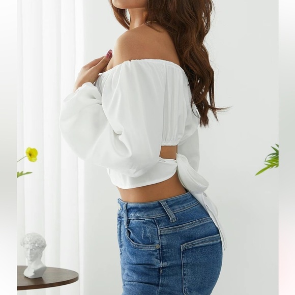 Women’s Plain Cut Out Tie Back Off Shoulder Top In White XL - Picture 1 of 13